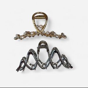 Pearl-Accent Gold Claw & Shiny Silver Wave Hair Clips - 2-Pack